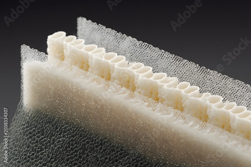 A macro shot of a filter medium, showcasing its intricate porous structure with small white tubes arranged in a row, set against a dark background. The texture suggests advanced filtration technology