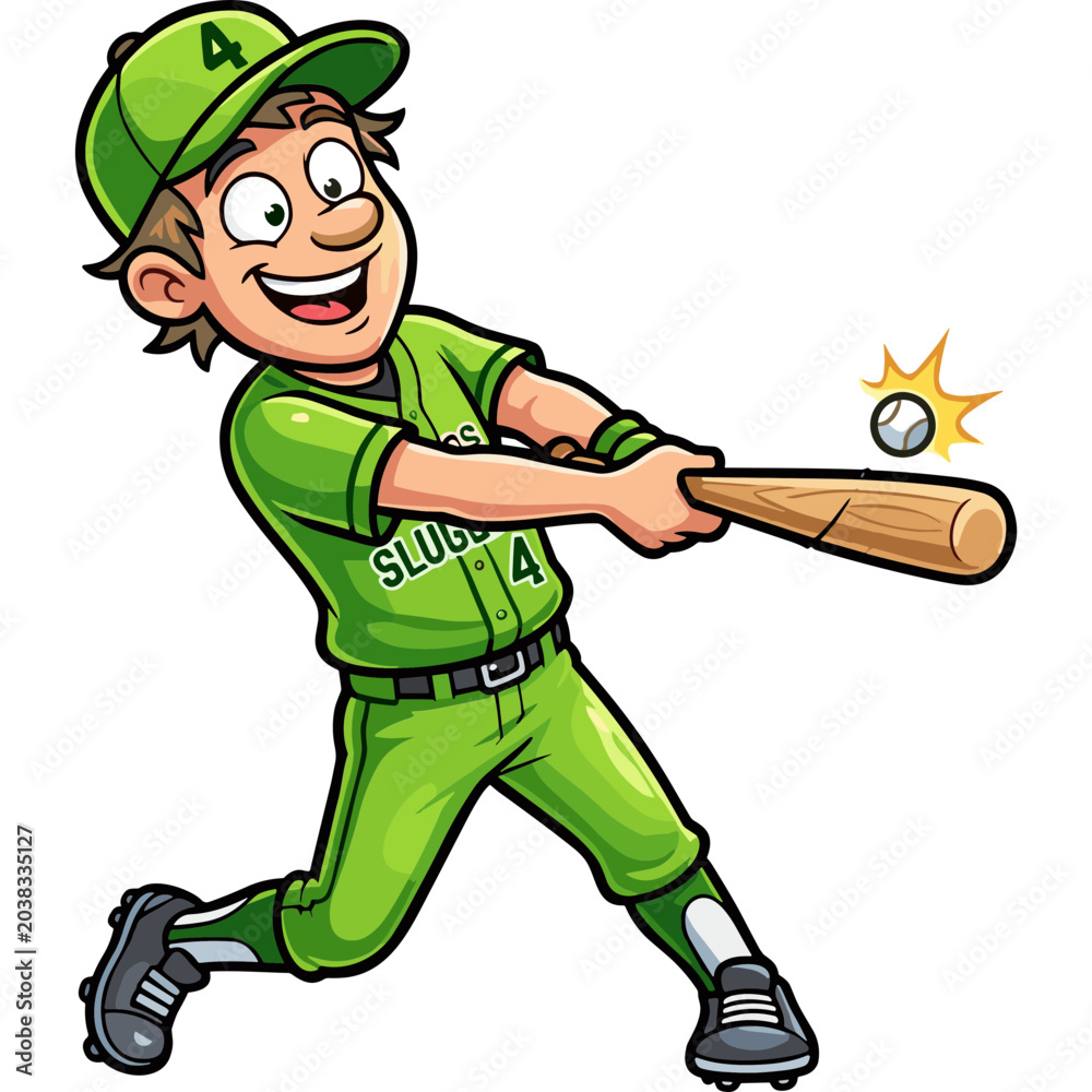 Fototapeta premium A young boy swings a baseball bat hitting a ball outdoors with excitement