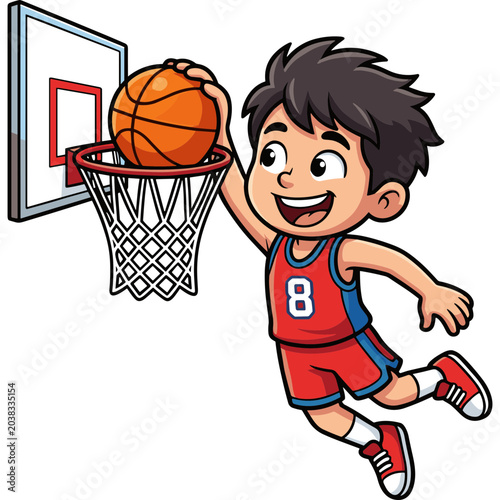 A young boy in a red uniform jumps to dunk a basketball into a hoop.