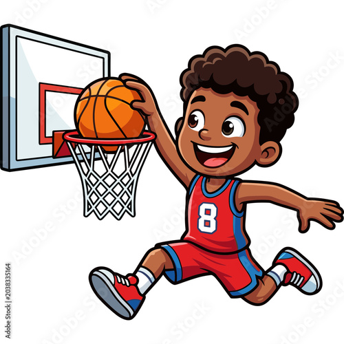A young boy in a red uniform is dunking a basketball in a hoop.