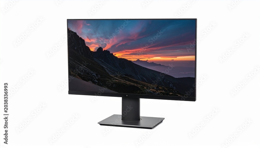 Fototapeta premium Computer monitor displaying vibrant mountain sunset with colorful sky and rocky peaks