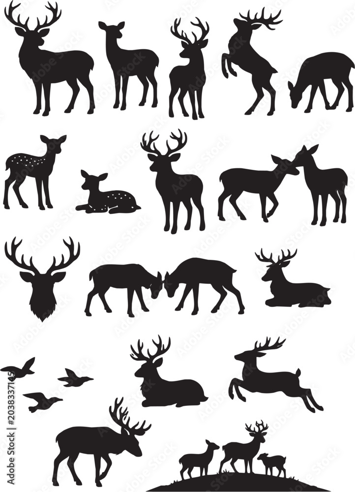 Fototapeta premium Deer and Wildlife Silhouette Vector Set