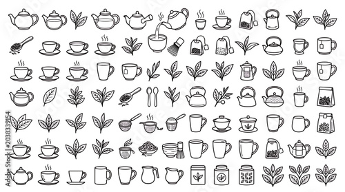 Professional set of tea line icons featuring teapots mugs herbal leaves and brewing tools on white, provides creative assets for cafe menus, representing a healthy and organic lifestyle