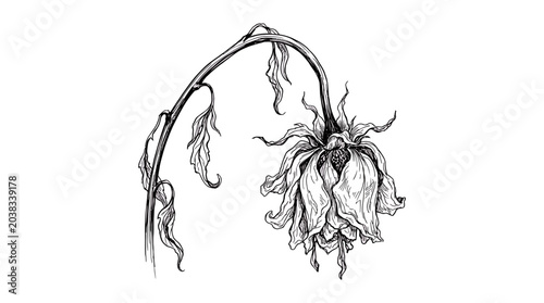 Detailed hand drawn ink sketch of a wilted drooping flower with dry petals and a curved stem on a white background, symbolizing melancholy emotional state and representing grief or decay