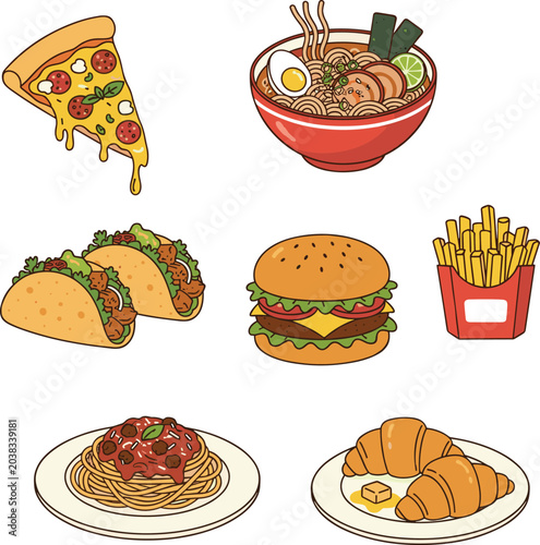  International Fast Food Collection with Pizza Ramen Burger Taco and Croissant Vector Illustration