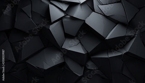 An abstract, textured image featuring a fragmented, dark grayscale pattern