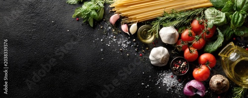 A close-up of Italian cooking ingredients on a black surface. Includes tomatoes, herbs, and pasta