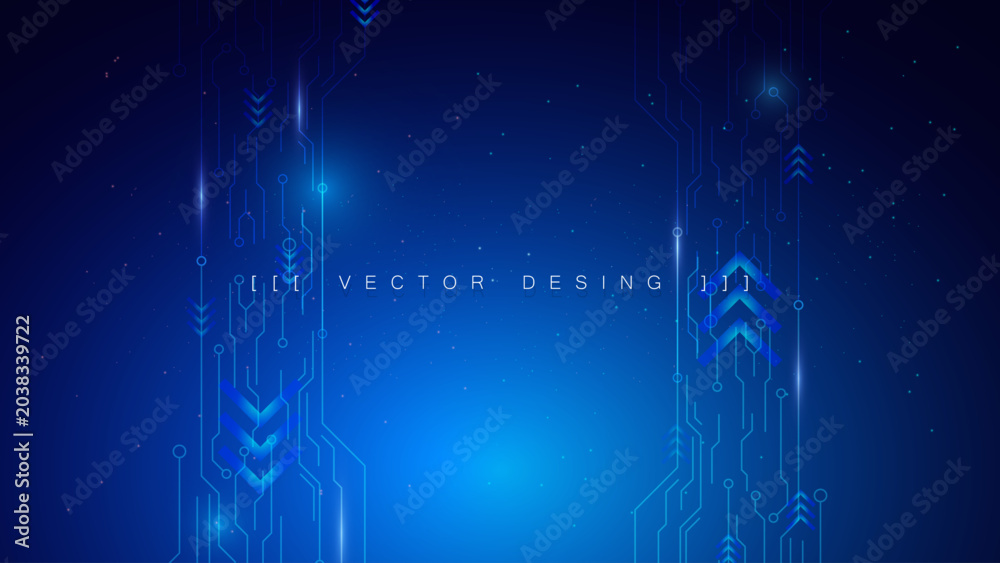 Obraz premium A high-tech background with electronic circuit patterns and blue arrows, illustrating data flow, connectivity, and advanced digital systems.