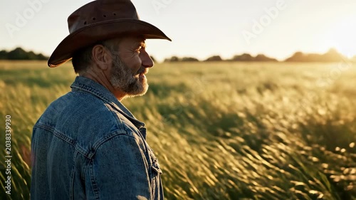 Cowboy in denim jacket looking out at a sun-drenched field of grass at sunset