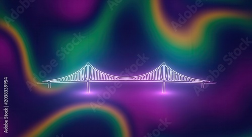 Neon Bridge Under Colorful Aurora.