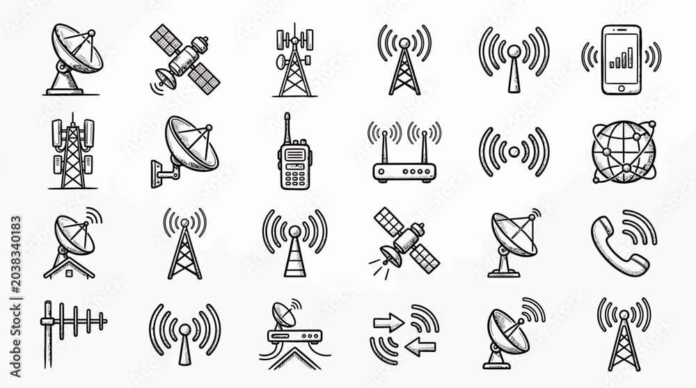 Fototapeta premium Set of hand-drawn telecommunication icons featuring satellite dishes, radio towers, signals and antennas, representing global networking infrastructure and illustrating wireless connectivity