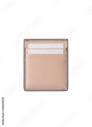 A minimalist, beige leather card holder with a clear plastic window, holding two white cards. The card holder has a subtle, elegant design