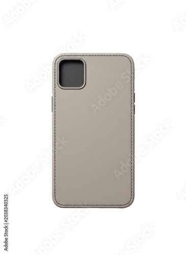 a minimalist, beige leather phone case with a single camera cutout on the left side, Isolated on a transparent background