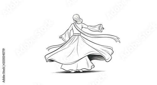 Bild auf Leinwand A black and white sketch of a person performing a traditional whirling dance