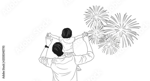 A father carrying his young child on his shoulders while watching fireworks.