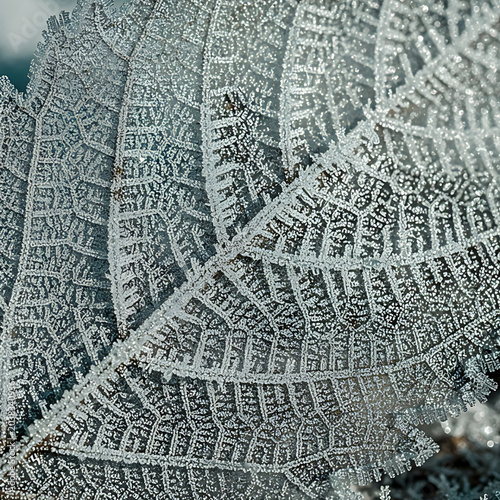 Frozen Leaf with Intricate Ice Frost Crystals
