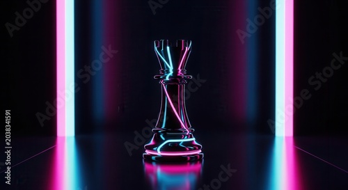 Neon Chess Piece Illuminated by Vibrant Blue and Pink Lights in Dark Room.