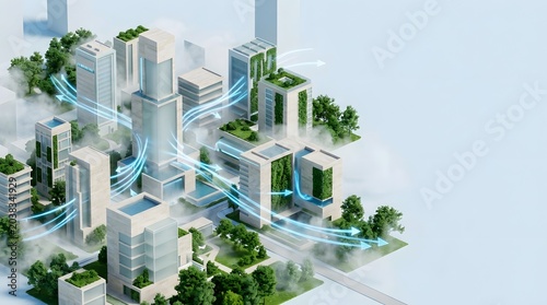 A futuristic cityscape with sleek skyscrapers and lush greenery showcasing blue urban infrastructure