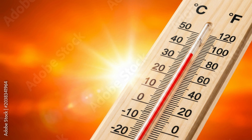 Thermometer temperature high weather heat sunlight Heatwave thermometer shows high temperature weather bright sunlight. Etreme global warming. sun hot warm heat stroke, red degree scale measure