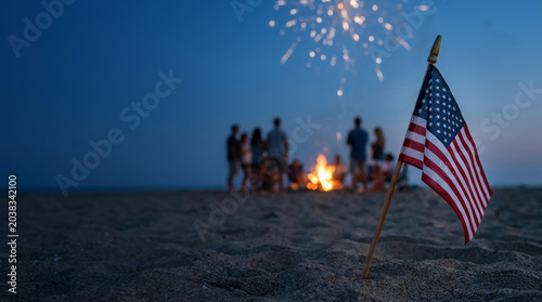 Fourth july community festival independence beach flag firework bonfire. patriotic us flag fireworks. summer holiday event celebration, party gathering