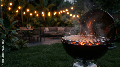 Party barbecue backyard summer grill fire Party barbecue backyard summer grill fire evening gathering. bar-b-q grill cooking food. friends person gathering celebration, weekend fun leisure garden