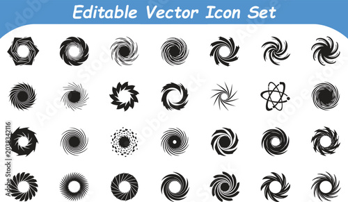 Circular vortex and spiral shape icon collection with circular abstract silhouette rotation