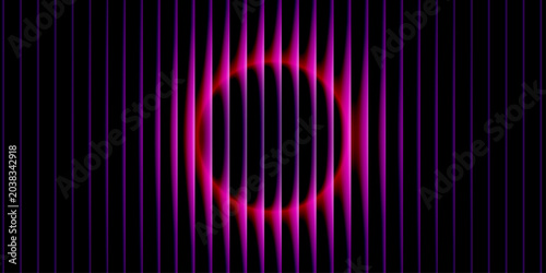 Photography Vibrant pulsating neon pink ring illusion superimposed on a stark vertical dark purple pinstripe pattern creates a mesmerizing abstract graphic background