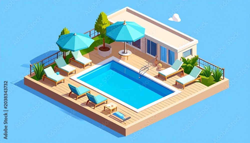 Fototapeta premium Modern suburban house with swimming pool and garden landscaping.