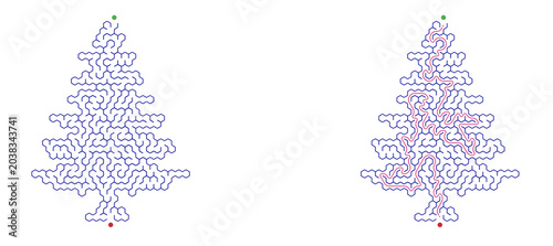 Christmas tree maze with solution path. Educational puzzle game for kids in winter holiday. 