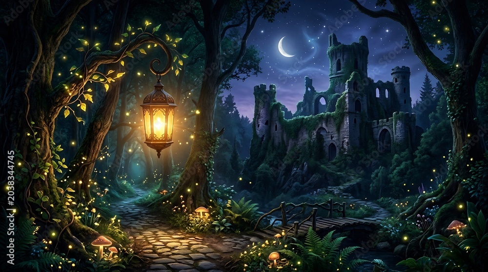 Fototapeta premium Enchanting Forest Path Leading to a Ruined Castle Under a Crescent Moon.