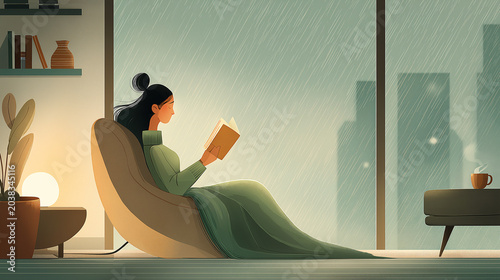 Minimalist Digital Illustration of Woman Reading in Modern Apartment