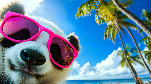 Panda in sunglasses taking a selfie at a tropical beach with palm trees and bright sunshine, fun vacation lifestyle scene