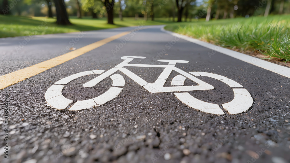 Obraz premium Close-up of a painted bicycle symbol on an asphalt bike path in a park. Concept of urban cycling infrastructure, active lifestyle, and sustainable city transport