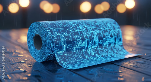 Glowing Blue Circuit Board Pattern on a Roll.