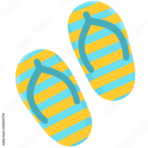 Cute yellow and blue striped flip flops vector illustration, summer beach sandals icon