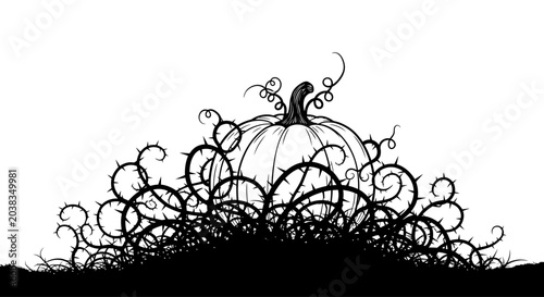 Tableau sur toile A detailed black and white illustration of a pumpkin surrounded by thorny vines
