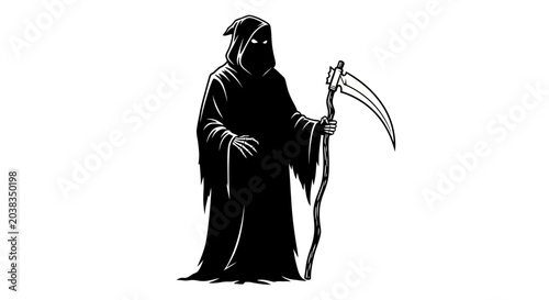 Bild auf Leinwand A dark hooded grim reaper figure holding a sharp scythe.