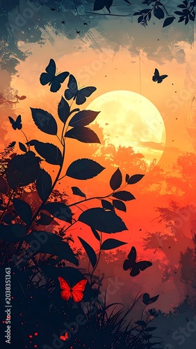A serene sunset scene with a full moon, butterflies, and leafy silhouettes