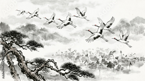 Cranes flying beside the pine tree