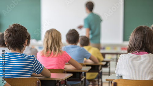 Elementary students listening to teacher in classroom