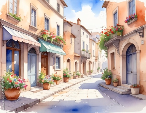 Old Town Street Watercolor Travel Postcard Illustration