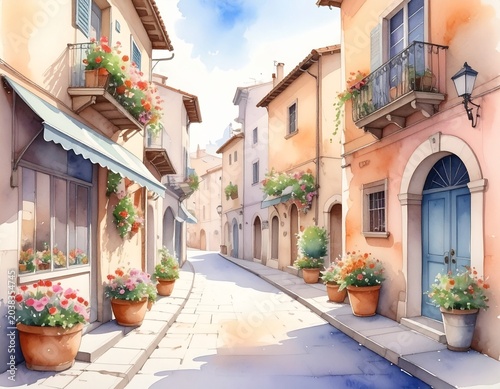 Old Town Street Watercolor Travel Postcard Illustration