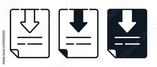 File Download Icon with Document and Downward Arrow. Data Transfer and Storage. Vector Illustration