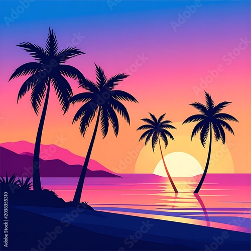 A serene tropical beach at sunset with palm trees (1)