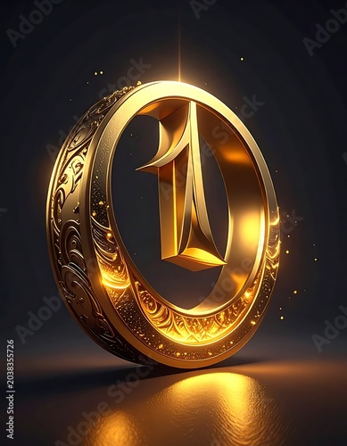 A shiny gold ornament with a large number one