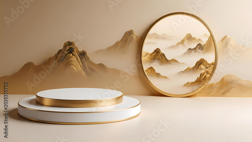 Golden framed art on white pedestal