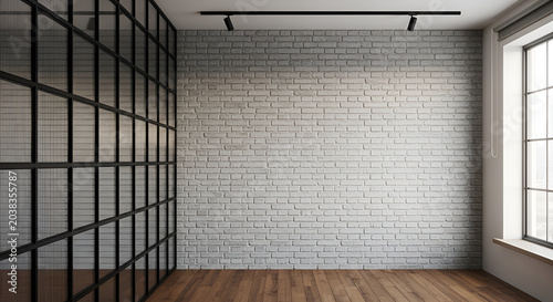 Modern Industrial Loft Space with Exposed Brick Wall and Large Window.