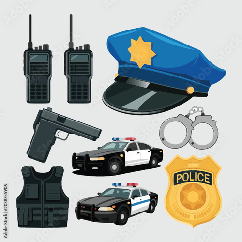 Professional Police Officer Equipment Icons Bundle Walkie Talkies Handcuffs And Emergency Vehicles