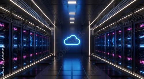 Futuristic Server Room with Glowing Cloud Symbol and Neon Lights.