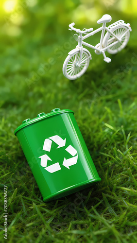 Green recycling bin on grass with bike